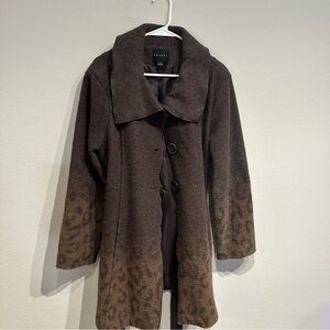 Vintage Wool Tribal Ombré Brown Cheetah Print Trench Coat‎ Wrap Tie Button Sz 12
